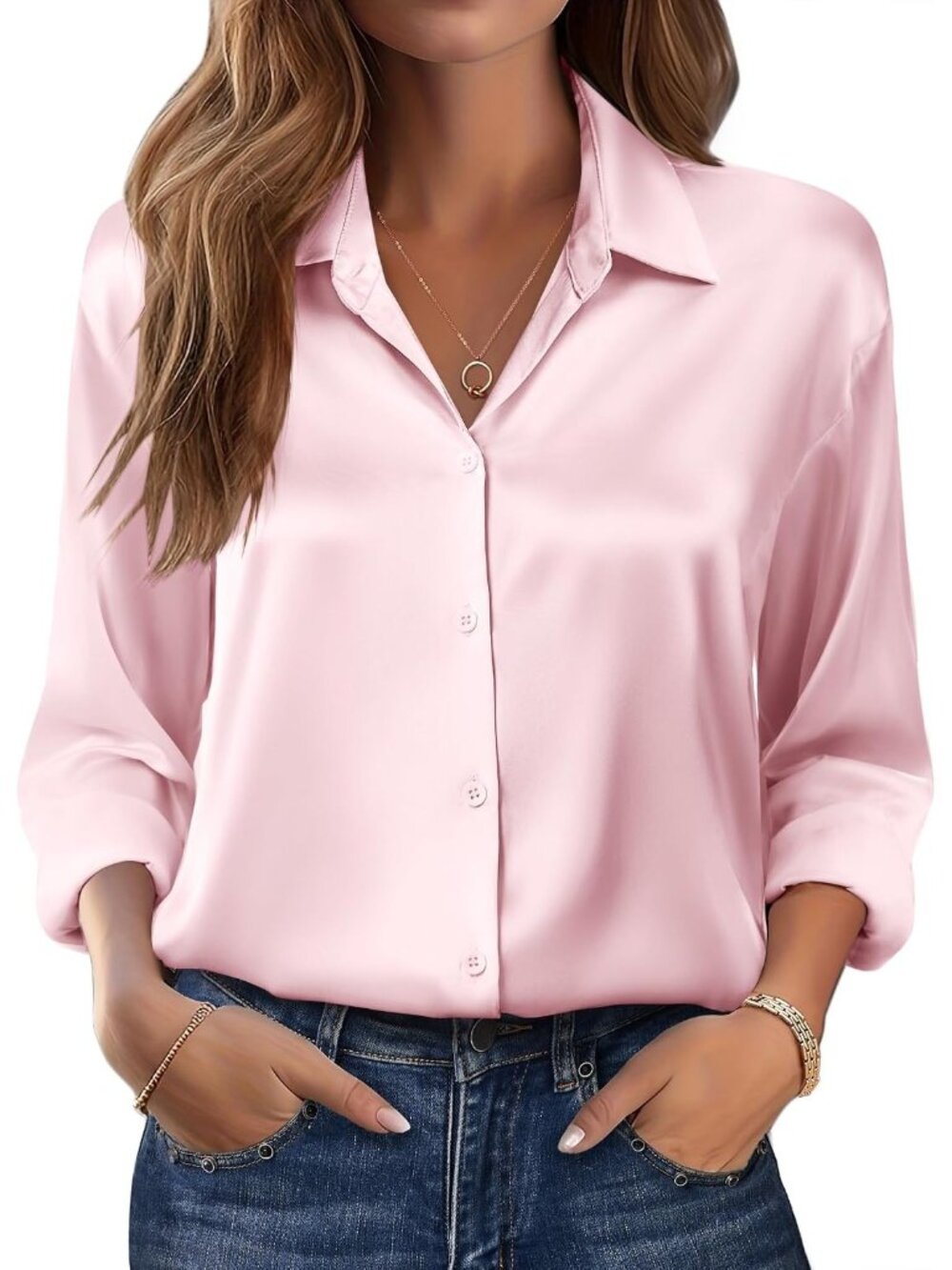 Women's Light Pink Long Sleeve Satin Silk Button Down Casual Blouses Top T-Shirt